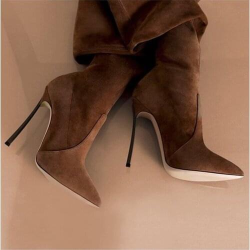 Suede Leather Long Boots Pointed Toe Thin High Heels Woman Slim Fit Winter Over The knee Thigh High Boots Manufacture Zip Up