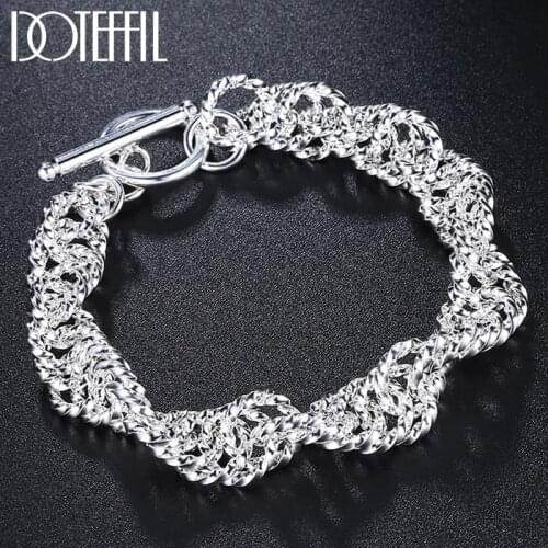 DOTEFFIL 925 Sterling Silver Water Wave Circle Chain Bracelet For Woman Charm Wedding Engagement Fashion Party Jewelry