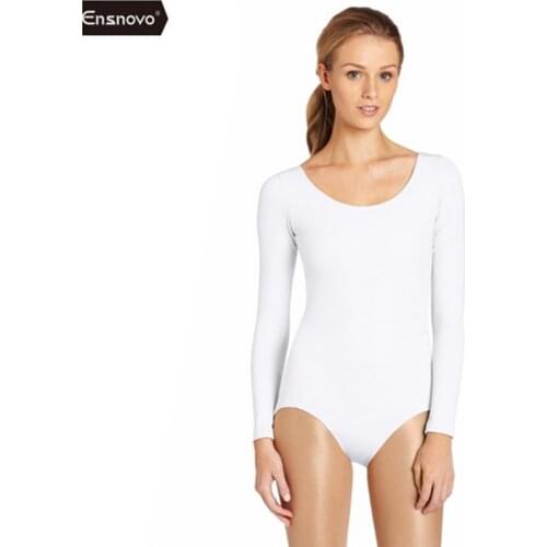 Ensnovo Women White Long Sleeve Leotard Ballet Gymnastics Custom Skin Body Suit Dance Thong Costumes