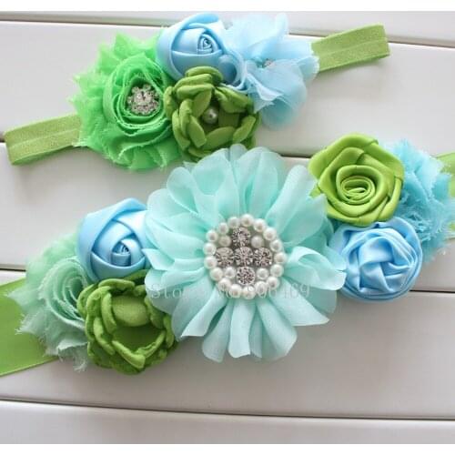 Chiffon Flower Sash Matching Baby Headband Satin Flower Sash Belt Flower girl woman Hair Accessories green