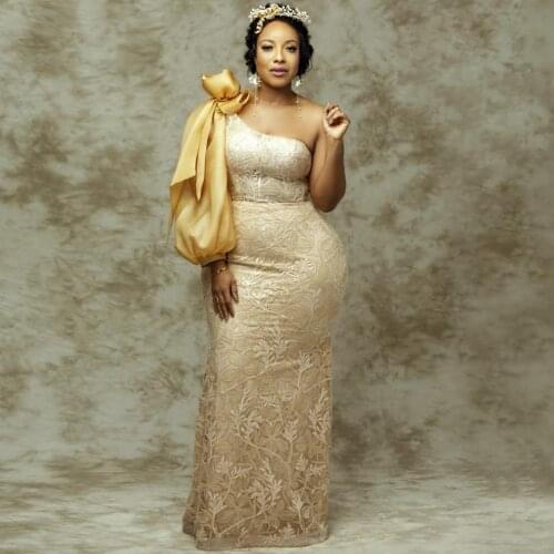 Nigerian Evening Dresses Mermaid abiye abendkleider vestidos Plus Size Lace Evening Dress Gold One Sleeves Peplum robe de soiree