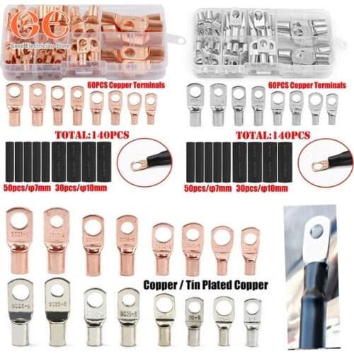 60X Copper Ring Lug Connector SC6-25 + 80X Heat Shrink Tubes 7mm 10mm Black Polyolefin Kit wire crimp connector