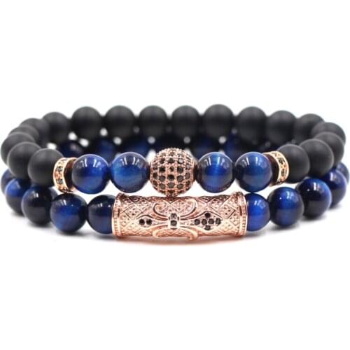 8mm 2PCS/Set u5y4 belastic adjusted nature blue Tigereye bead agate Onyx micro pave cz zircon cubic zirconia tube Bracelet