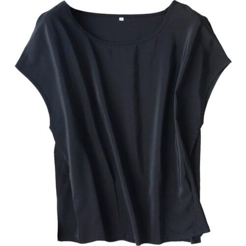 Women Summer Silk Blouse O neck Short sleeve office OL casual natural silk blouses black real silk basic summer shirt tops