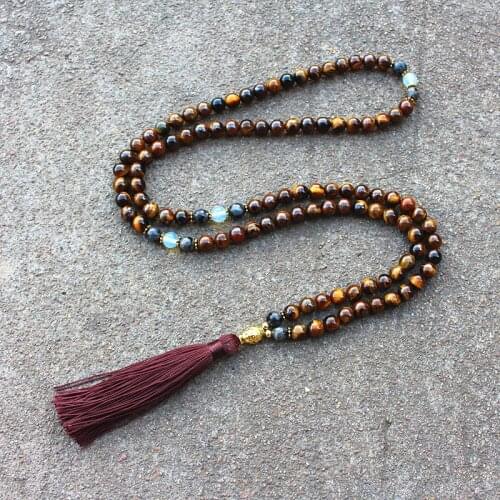 Boho 8mm Natural Tiger Eye Beads Necklace For Men Women 108 Mala Buddha Tassel Pendant Necklace Sweater Long Chain Yoga Jewelry