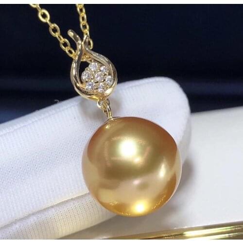 D319 Pearl Pendant Fine Jewelry Solid 18k Gold Natural 12-13mm Ocean Sea Golden Pearls Pendants Necklaces for Women
