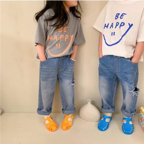 Childrens Jeans Kids Girls Boys Korean Casual Loose Denim Pants 2021 Spring New Baby Hole Straight Jeans Trousers Toddler Pants