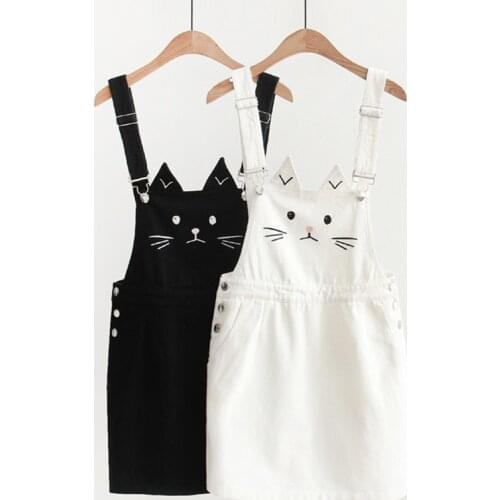 Kawaii Cat Embroidery Denim Suspender Skirt Women Preppy Style Straight Short Overalls Jeans Skirt saia colegial
