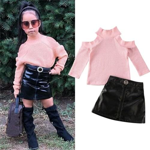 2PCS Autumn Toddler Baby Girl Clothes Sets Long Sleeve Off Shoulder Pink Tops Black PU Leather Mini Skirt Outfits Kids Clothes