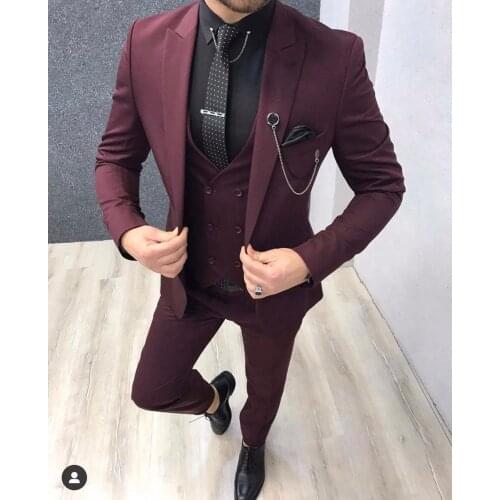 Colorful Burgundy Costume Homme Men Suits Wedding Tuxedos for Groom Slim Fit Blazer Terno Masculino 3 Pieces Jacket Pant Vest