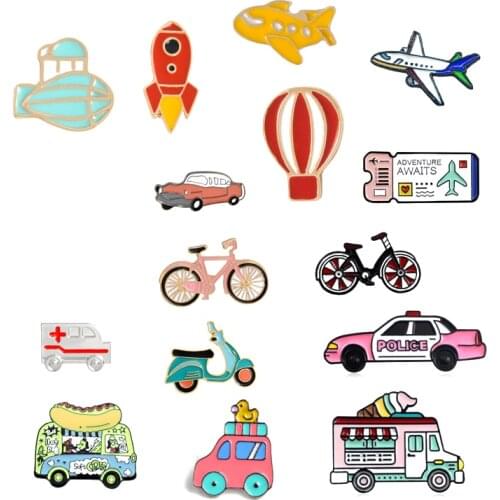 Creative Bicycle Electric Vehicle Car Enamel Brooch Planet Hot Air Balloon Rocket Spacecraft Airline Ticket Badge Cartoon Pin