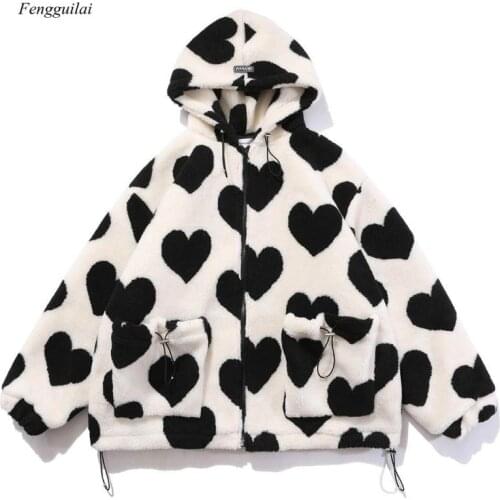 Cute Heart Shaped Print Lambswool Winter Jacket Women Drawstring Pockets Zipper Hooded High Street Warm Couple