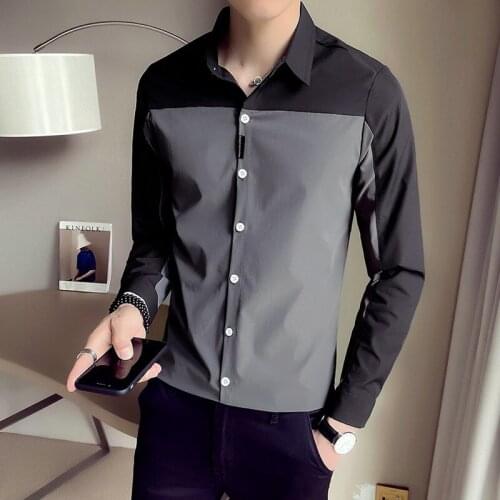 Contrast Patchwork Men Shirts 2021 New Slim Fit Business Shirt Casual Long Sleeve Camisa Masculina Korean Social Party Tops