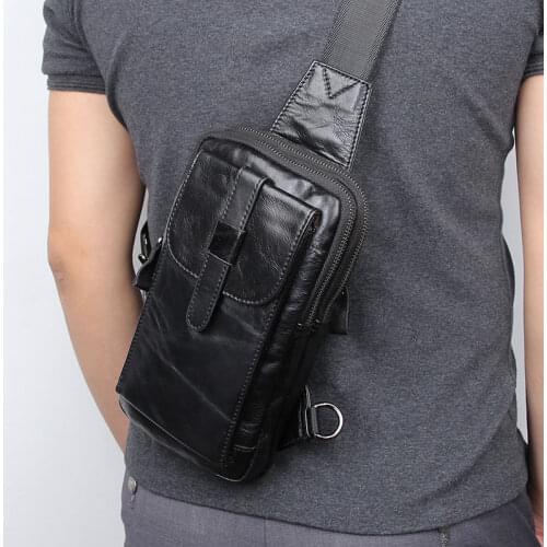 Men Chest Bag Cow Leather Black Travel Ipad Casual Fashion Brand Shoulder Chest Bags Real Leather Man Bag