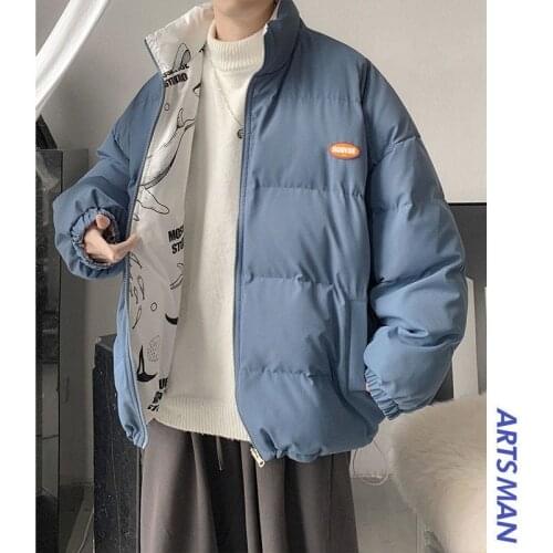 2021 new bread thicken coat for men women double-sided wear Korean trend stand-up collar padded jacket winter Anime print jacket