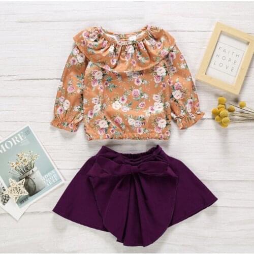 New Arrival Girls Summer Suits Autumn Style Floral Doll Collar Shirt Bow Skirts Kids Girls Summer Suits Wholesale