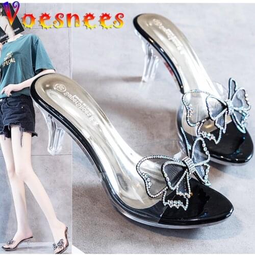 New Korean Style Slippers Sweet Butterfly-Knot Sandals Transparent Crystal Thin High Heels Wedding Shoes Temperament Women Shoes