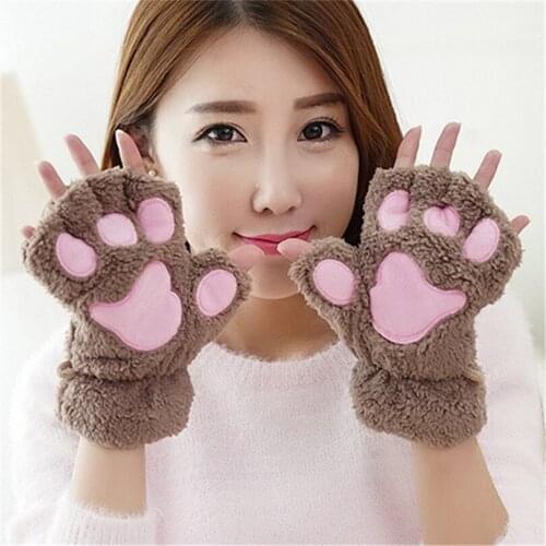 VISNXGI Women Girls Lovely Winter Warm Fingerless Gloves Fluffy Bear Cat Plush Paw Claw Half Finger Men Stretch Knit Mittens