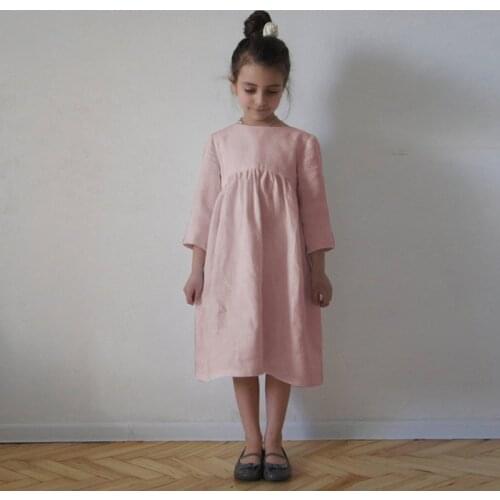Childrens bow tie cotton and linen dress 2020 spring and autumn new solid color western style girls three-quarter sleeve dress