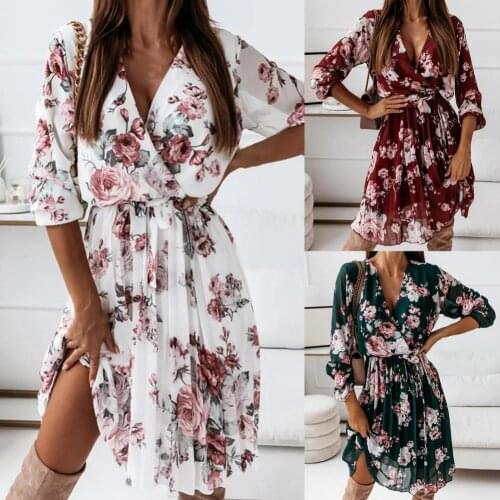 Pleated Flowy Hem Midi Dress Floral Print Sweet Elastic Waist V-Neck Casual Dress Streetwear