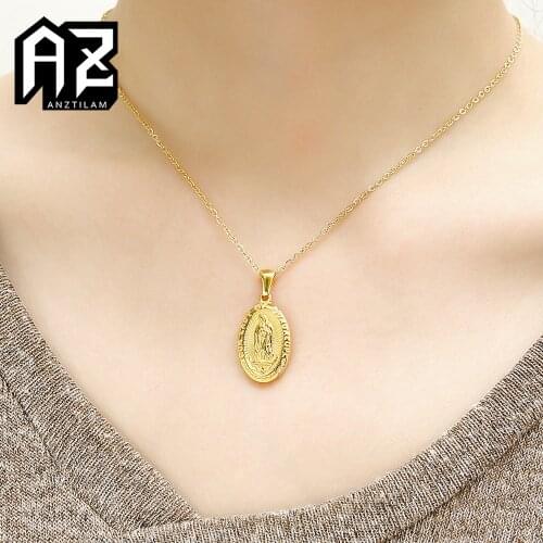 AZ Gold Color Religious Virgin Mary Pendant Stainless Steel Necklaces & Pendants Gold Long Rope Chain Jewelry