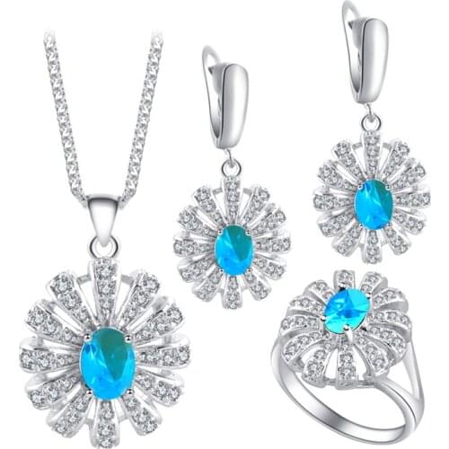 ROLILASON Classic Light Blue silver plated Stamped Sets Earring /Necklace/Pendant/ Rings Fashion Jewelry for Lover JS674