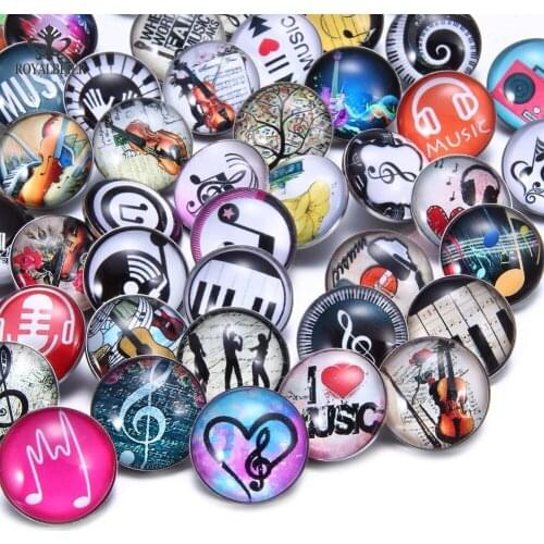 Royalbeier 50pcs/lot Mixed 18mm Glass Snap Buttons Jewelry Print Glass Cabochon Fit 18mm Snap Bracelet Bangles MG012