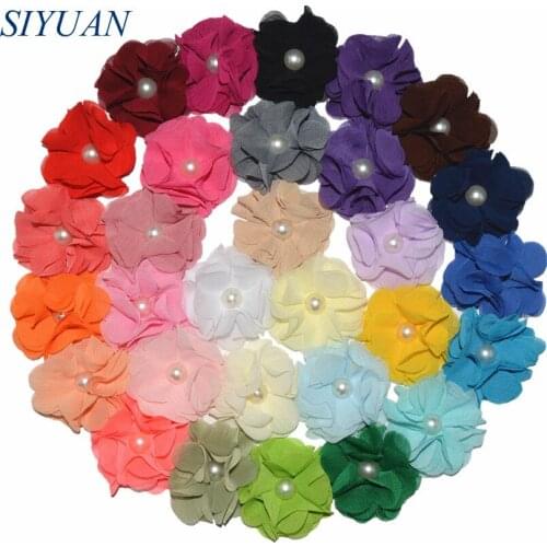 120pcs/lot Lovely 6cm Fabric Chiffon Flower with Pearl Bead Girl Headband Hairpin Shoes Dress Decoration TH295