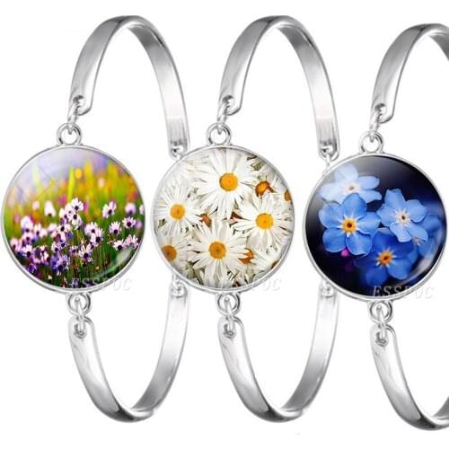 Lotus Lily Poppy Daisy Sunflower Pattern Glass Cabochon Bangle Bracelets Fashion Flowers Bracelet Charm Jewelry Gidt for Girls