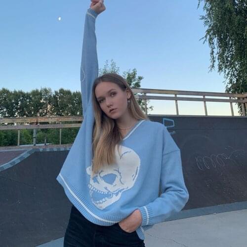 Y2K Sweaters Skulls Pullovers V Neck Knitwear Loose Casual Knitted Tops Women Streetwear E-Girl Tops Sweater Vest Skull Pullover