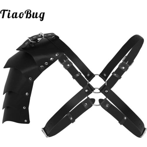 TiaoBug Men Steampunk Faux Leather X-Shape Adjustable Body Chest Harness with Shoulder Armors Male Bondage Belt Rave Costume