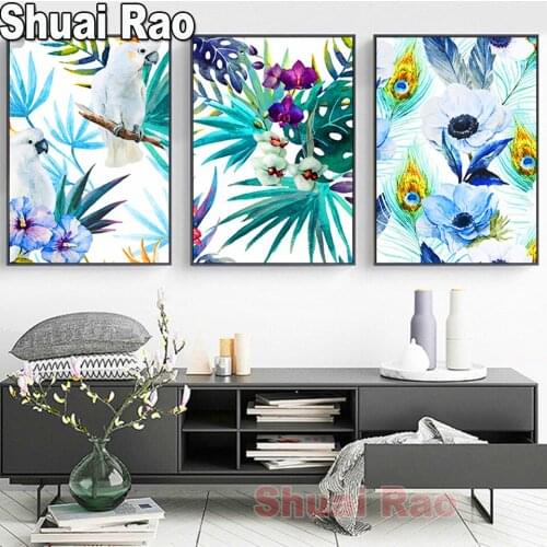 Water color Parrot Llant Leaves and Flowers Diamond Embroidery Full Round Square Diamond painting 3 piece Landscape Art Triptych
