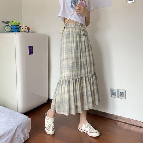 Ginzagirl Women High-Waist Skirts Fashion Vintage Plaid Check Casual Loose Belted Pleated Maxi Skirt Autumn Femme Street Trend