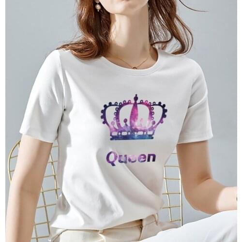Women Round Neck Tshirt Queen Crown Pattern Printing Ladies Top Tee High Quality Soft Black and White Short Sleeve Women Clothes
