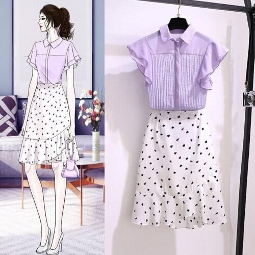 Summer suit skirt female plus size 2021 new Korean version of the flounced casual chiffon print high waist skirt two-piece