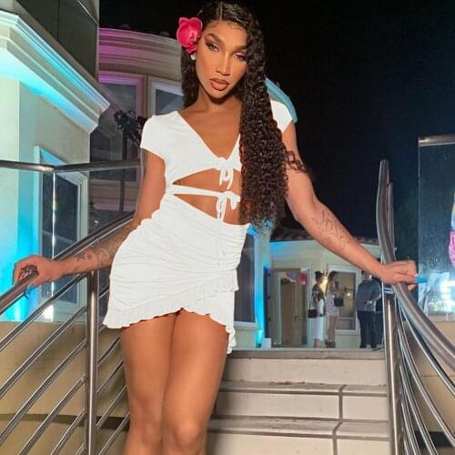 Women Split Summer Dress Ruffles Bandage Sundress Sexy Hollow Bodycon Wrap Dress Clubwear Party Dresses Short Sleeve Dresses