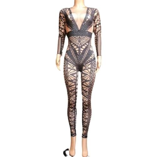 Fashion Print Rhinestone Party Jumpsuit Women Long Sleeve Skin Color Stretch Spandex Crystal Bodysuit Club Prom Stage Rompers