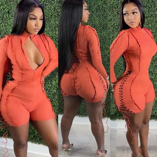 Autumn Side Lace-up Bandage Playsuit for Women Shorts Streetwear Front Zipper Bodycon Rompers Sporty Work Out One Piece Outfits