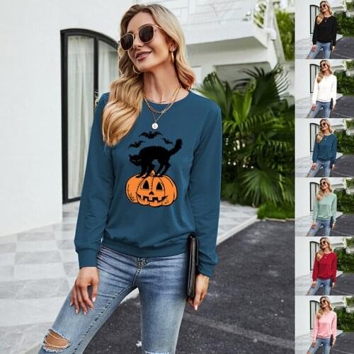 Pullover Female Clothing 2021 Autumn New Casual Loose Long-Sleeved Top O-Neck Multicolor Halloween Pattern Women T-shirt