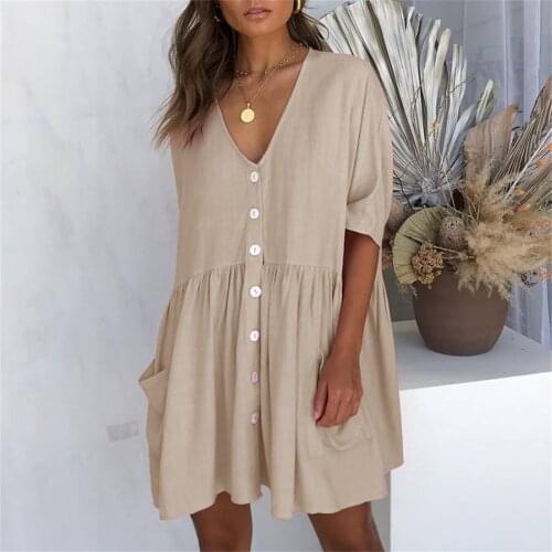 Womens Dress Loose High Waist Draped Half Sleeve Mini Dress Casual Single Breasted Pocket Ladies Dress Summer Vestidos
