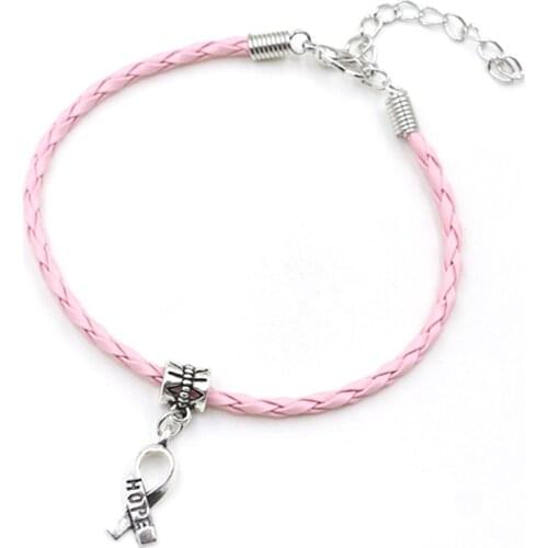 50pcs Hope Breast Cancer Awareness Ribbon Charm Pendant Leather Rope Cham Bracelet Fit for European Bracelet Handmade Craft DIY