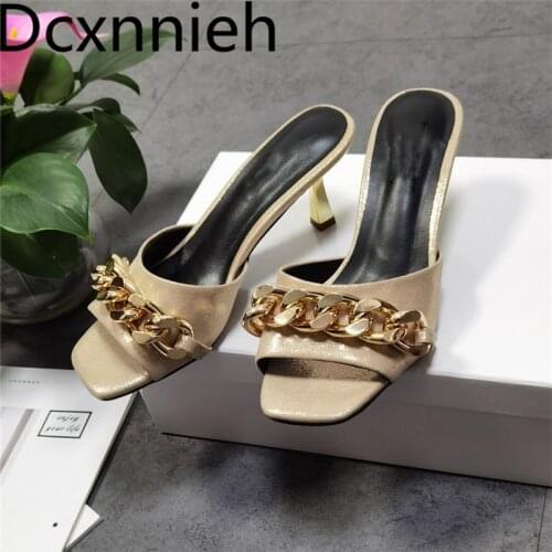 Apricot Metal Chain Decorate Mules High Heels Women Square Toe Real Leather Women Sandals Summer Hoof Heel Party Shoes For Women