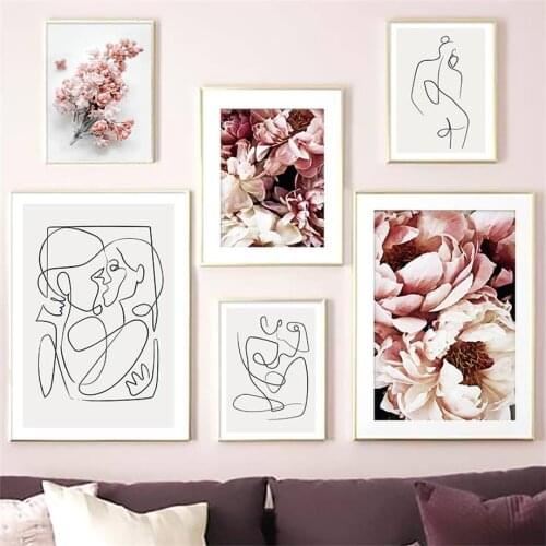 Abstract Geometric Girl Lines Rose Flower Wall Art Canvas Painting Nordic Posters And Prints Wall Pictures For Living Room Decor