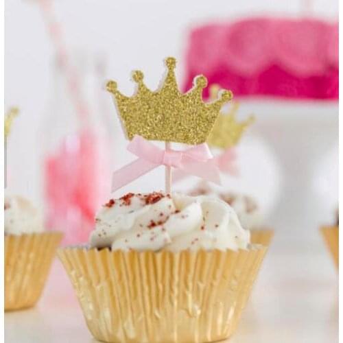 Glitter gold crown Princess theme girl birthday cupcake toppers baby shower baptism Christening party decoration toothpicks