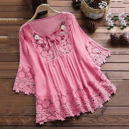 Summer Boho Lace Blouse Women Vintage Lace Patchwork Bow V-neck Floral Print Three Quarter Sleeve Blouses Summer Loose Top
