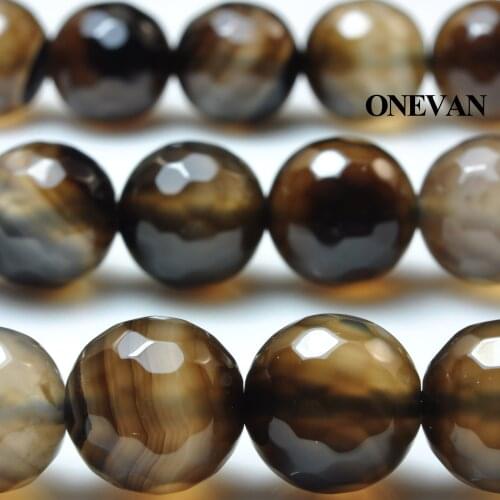 ONEVAN Natural Coffee Stripe Agate Faceted Beads 8mm Smooth Round Stone Bracelet Necklace Jewelry Making Diy Accessories Design