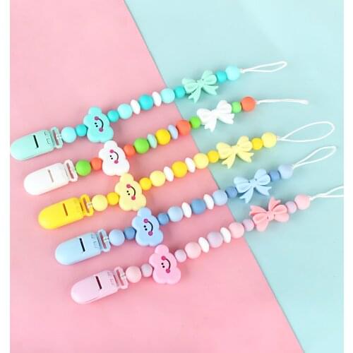 Baby Pacifier Dummy Clips Chain Cloud Bowknot Food Grade BPA Free Silicone Teething Teether Baby Pacifier Clip Holder Necklace