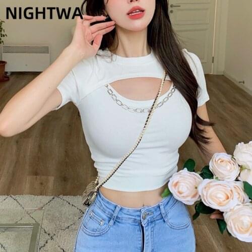NIGHTWA Woman Tees Sexy Lady Chic Hollow Out Slim T-Shirt Slim Fit Short Sleeve Chain decoration Tops Women Fashion Streetwear