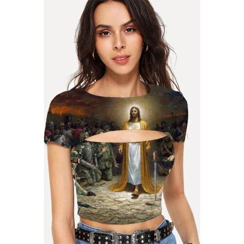 Somepet Christian T shirt Women Jesus Hollow Out T shirts Harajuku Tshirt Printed Short Sleeve Punk Rock New Slim Tops