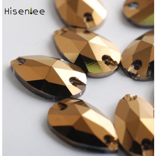 Hisenlee Super Shiny Gold Hematite Glass Sew On Teardrop Rhinestones Sewing Crystals Stones for Clothes Crafts Arts